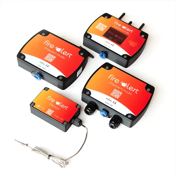 The Firealert hardware range: FEMS relay box, FAM controller with antennas, FTB termination box and a WFS wireless sensor with its thermal probe