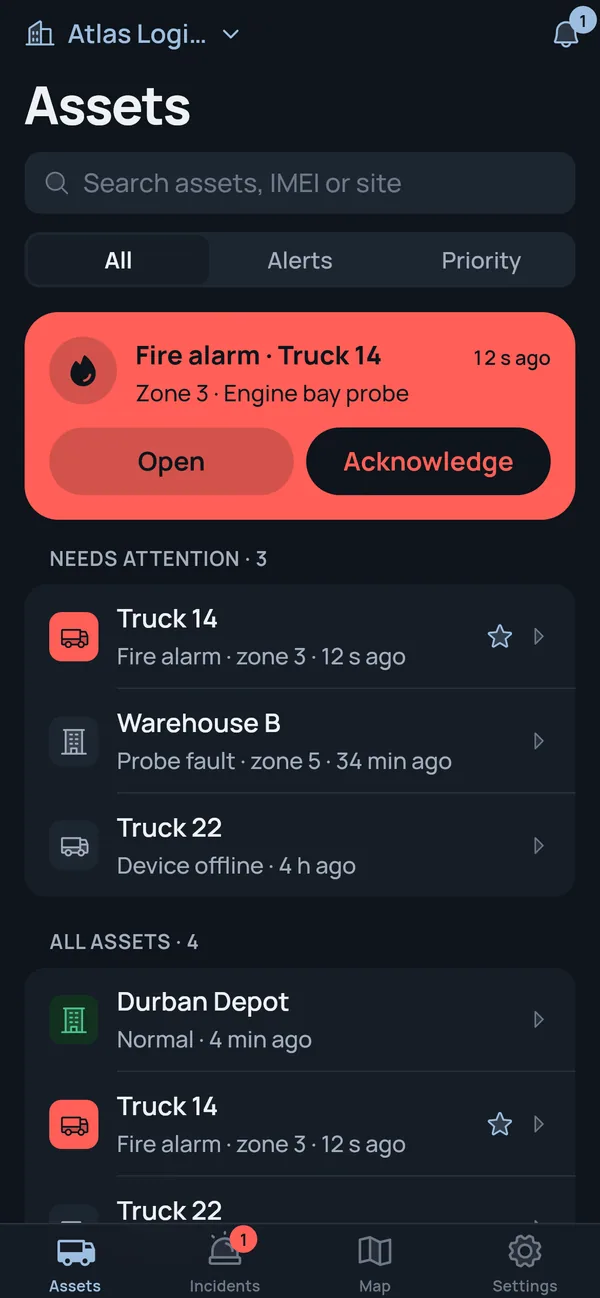 Assets in the mobile app: a fire alarm card for Truck 14 with Open and Acknowledge, then assets that need attention