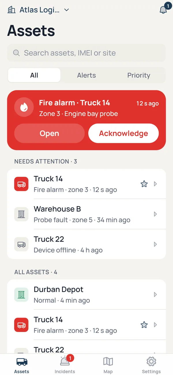 Assets in the mobile app: a fire alarm card for Truck 14 with Open and Acknowledge, then assets that need attention