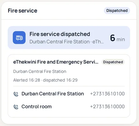 The incident's fire service card: Durban Central Fire Station dispatched, with the station and control room numbers