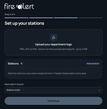 Setting up stations in the console: upload the department logo, add the stations your crews respond from, and choose the new-alarm sound