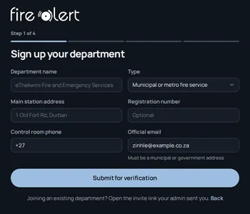 The station console's sign-up form: department name and type, main station address, registration number, control room phone and official email